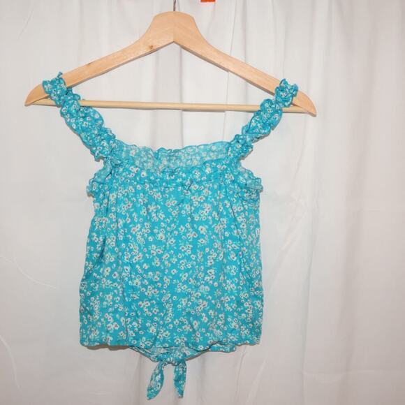 SO Cropped Top Light Blue Floral Size Tie Front otton Soft Ruffle Sleeves - Picture 7 of 11